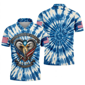 USA 250th Anniversary Tie Dye Print Bald Eagle Golf Shirt, Patriotic 4th Of July Golf Shirts For Men