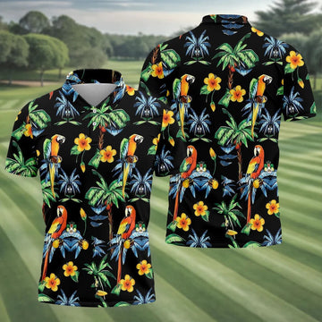 Black Tropical Parrot Palm Flower Pattern Golf Shirt, Men's Golf Shirt, Mens Polo Shirts, Hawaiian Golf Shirt