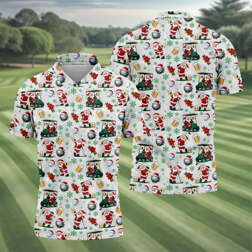Santa Beer Christmas Golf Polo Shirt, Christmas Golf Shirt, Mens Golf Polo Shirt
