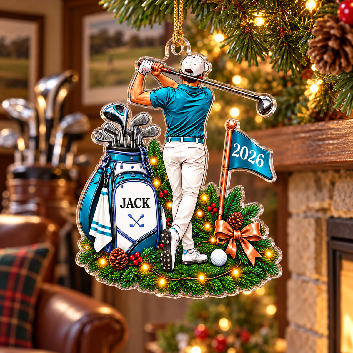 Custom Name Teal Male Golfer Acrylic Ornament, Christmas Tree Decor, Golfer Gifts