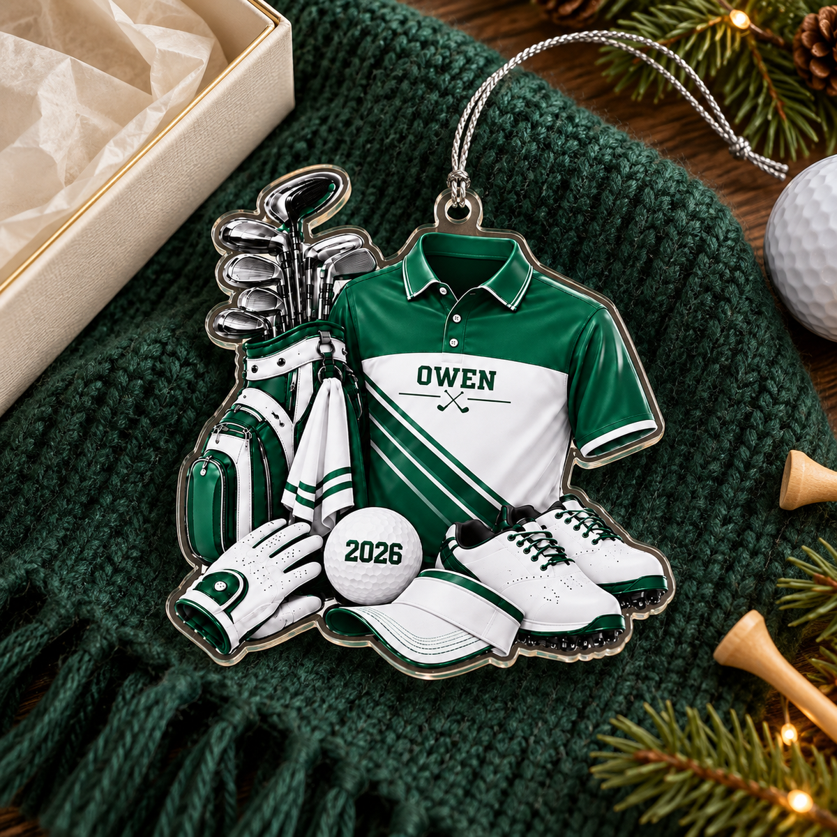 Custom Name Green Golf Shirt And Bag Acrylic Ornament, Holiday Gifts, Golf Gifts