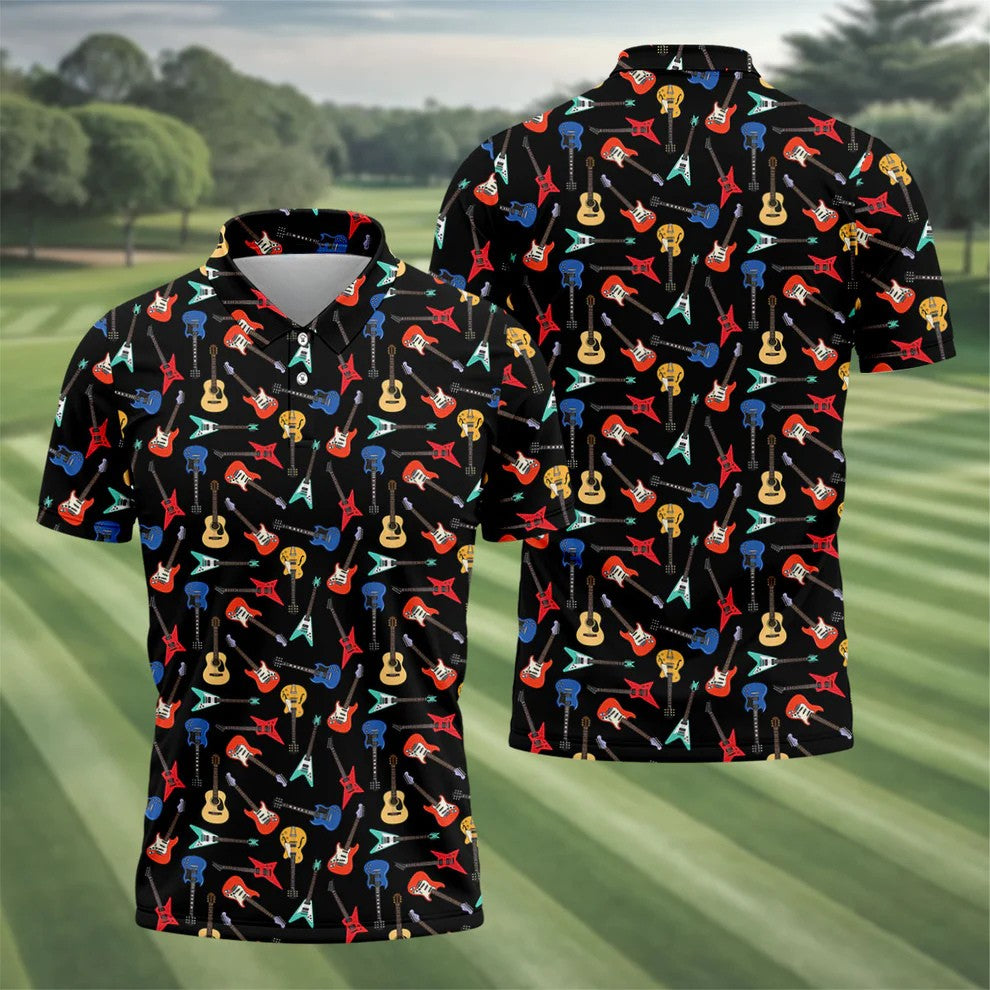 Electric Guitar Pattern Black Golf Shirt, Men's Golf Shirt, Mens Polo Shirts, Golf Polo Shirts For Men
