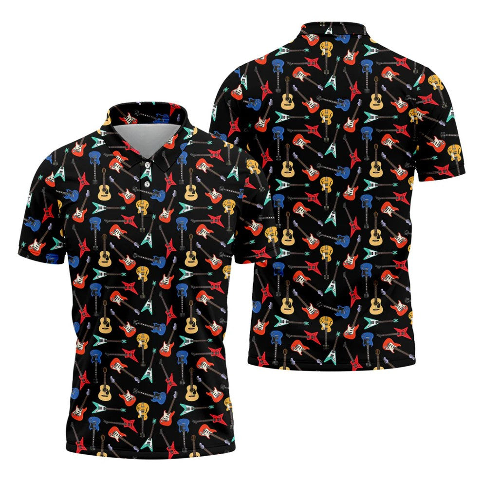 Electric Guitar Pattern Black Golf Shirt, Men's Golf Shirt, Mens Polo Shirts, Golf Polo Shirts For Men
