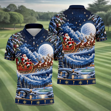 Santa Sleigh Golf Moon Christmas Golf Shirt, Mens Golf Polo, Mens Holiday Golf Shirts