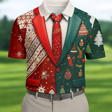 Red And Green Xmas Vintage Prints Men's Golf Polo Shirts, Christmas Golf Shirt, Golf Gift For Men