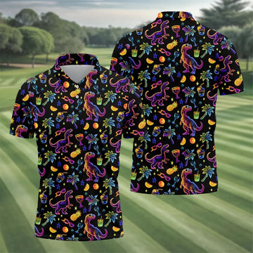 Neon Dinosaur Tropical Theme Hawaiian Golf Shirt, Polo Shirts For Men, Golfing Apparel