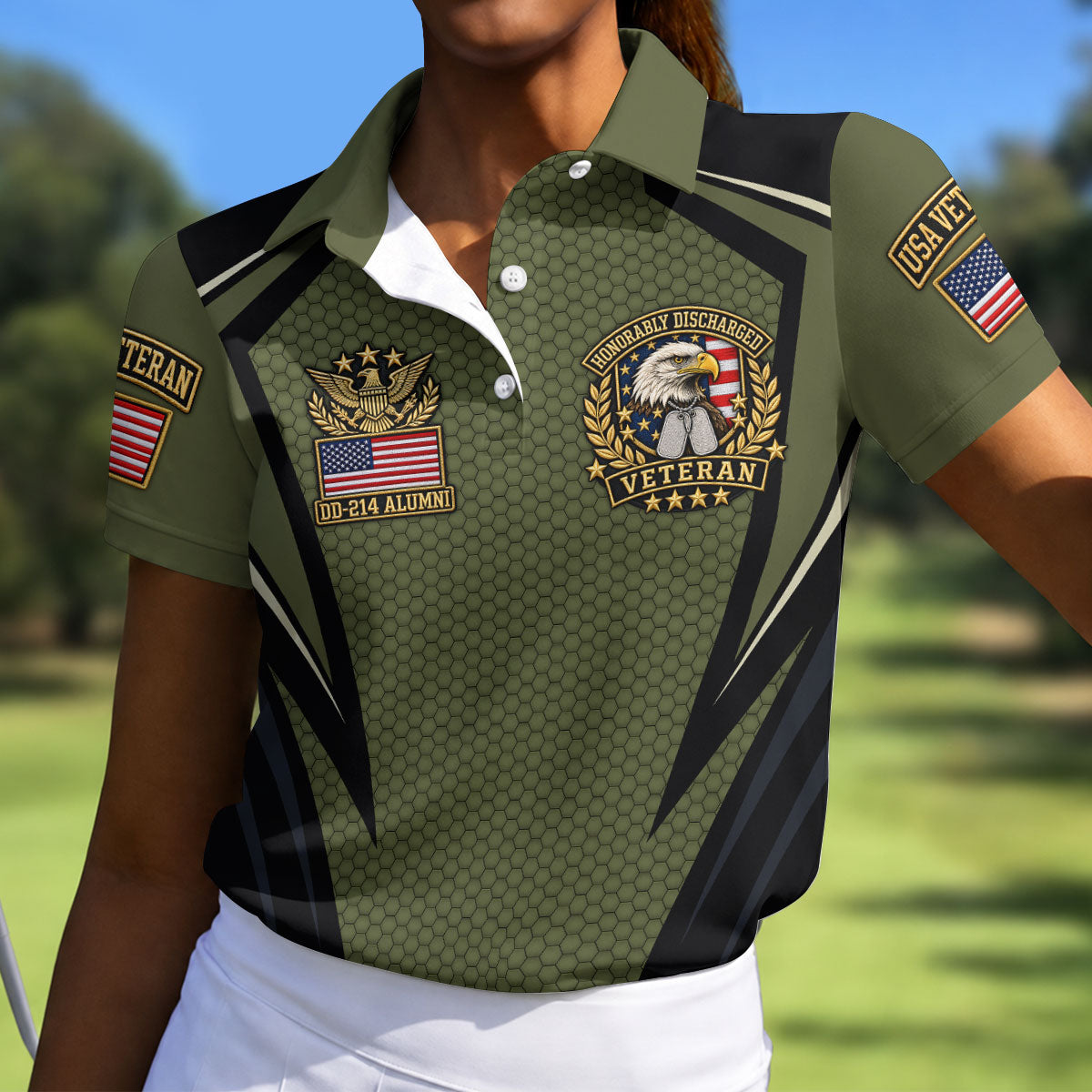 DD-214 Olive Hexagon Golf Polo Shirt, Golf Shirts For Women, Veterans Day Golf Shirt