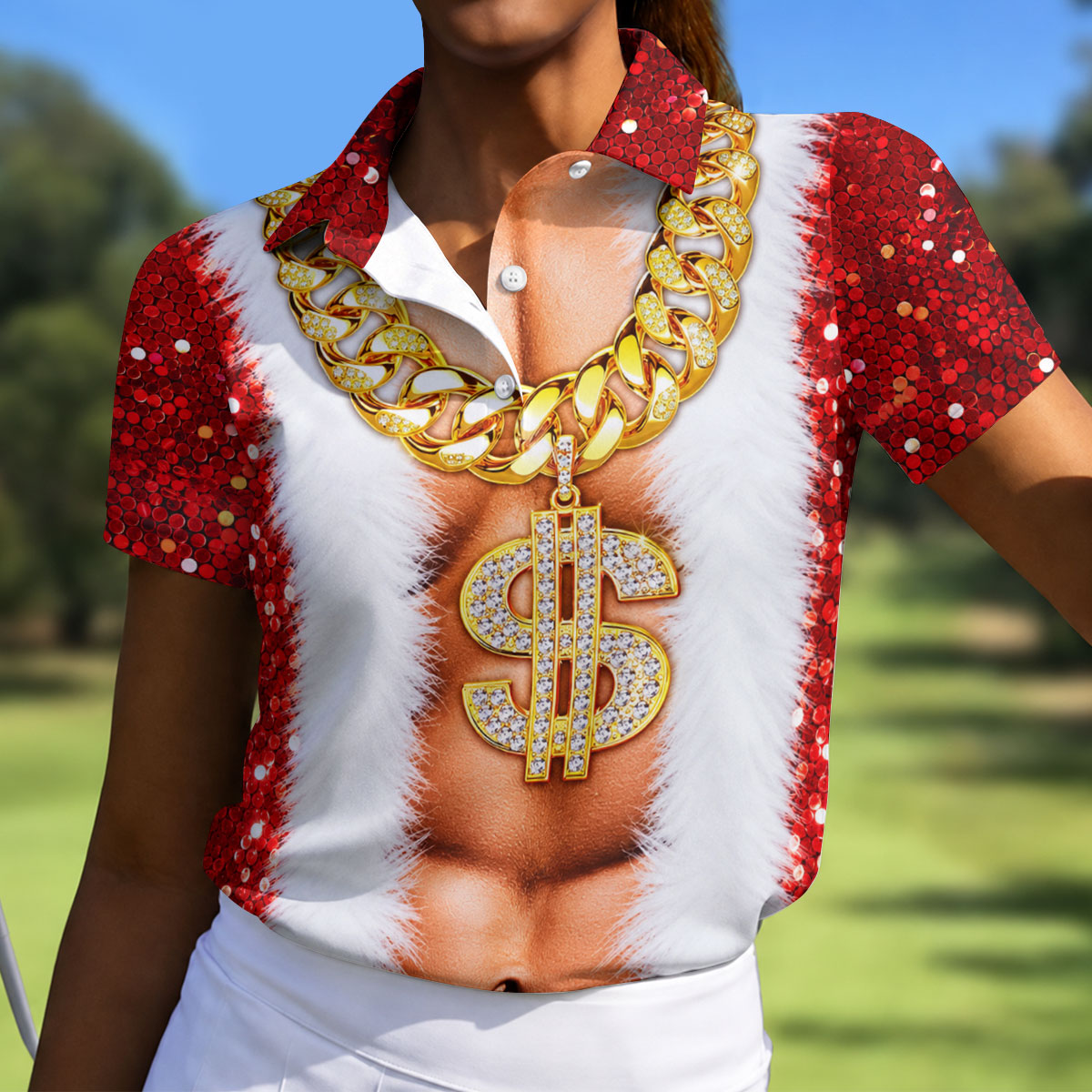 Funny Santa Gold Dollar Chain Golf Polo Shirt, Ladies Golf Shirts, Women’s Golf Apparel