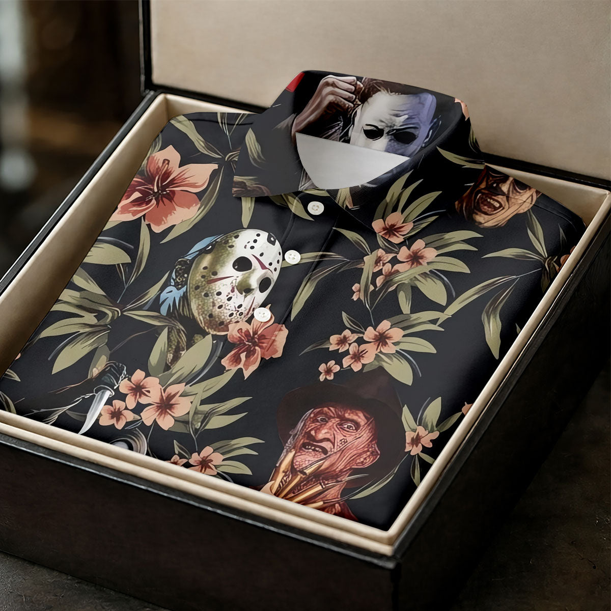 Dark Floral Horror Character Halloween Golf Shirt, Women’s Golf Polo, Printed Golf Shirt