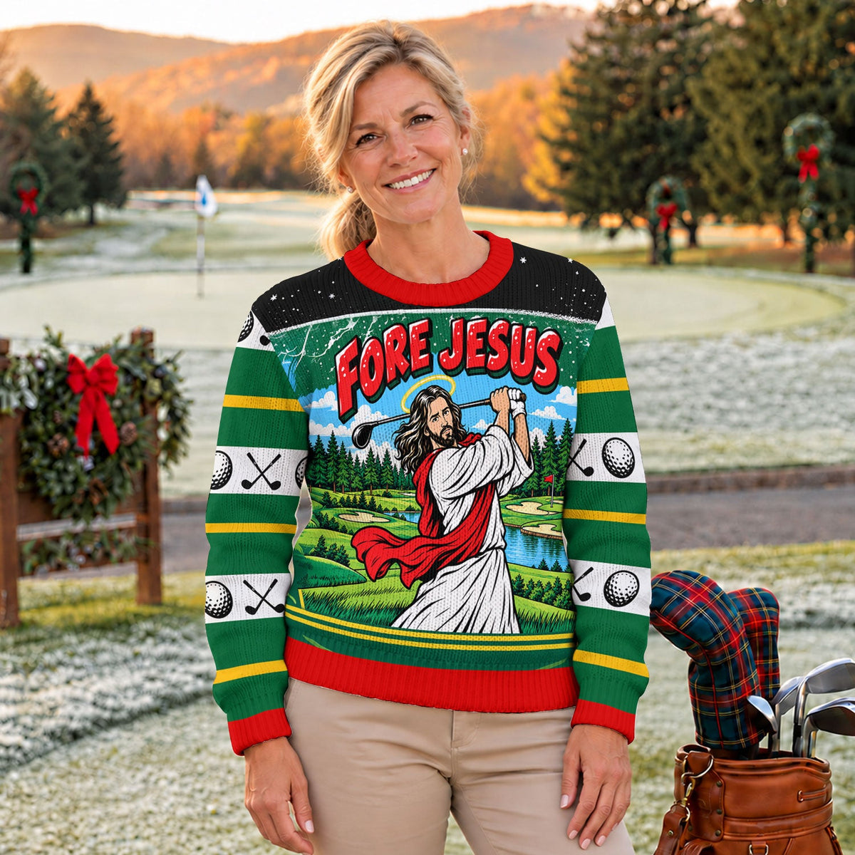 Fore Jesus Golf Swing Ugly Christmas Sweater, Funny Xmas Gift, Christmas Party Outfit
