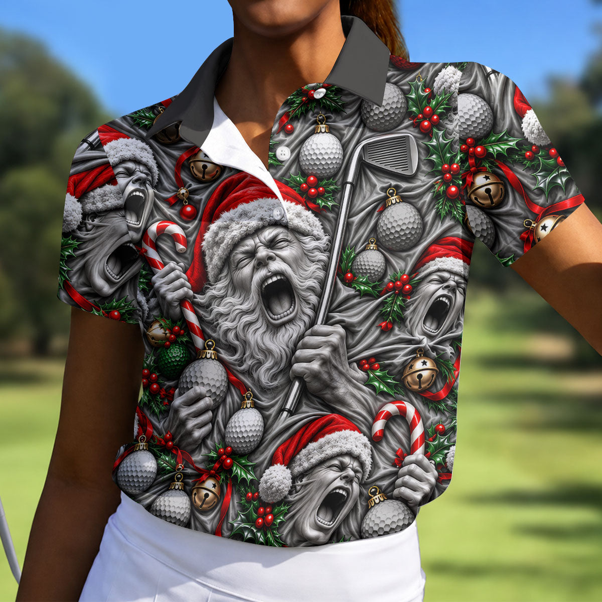 Screaming Santa Faces Christmas Golf Shirt, Ladies Golf Shirts, Golf Tops For Women