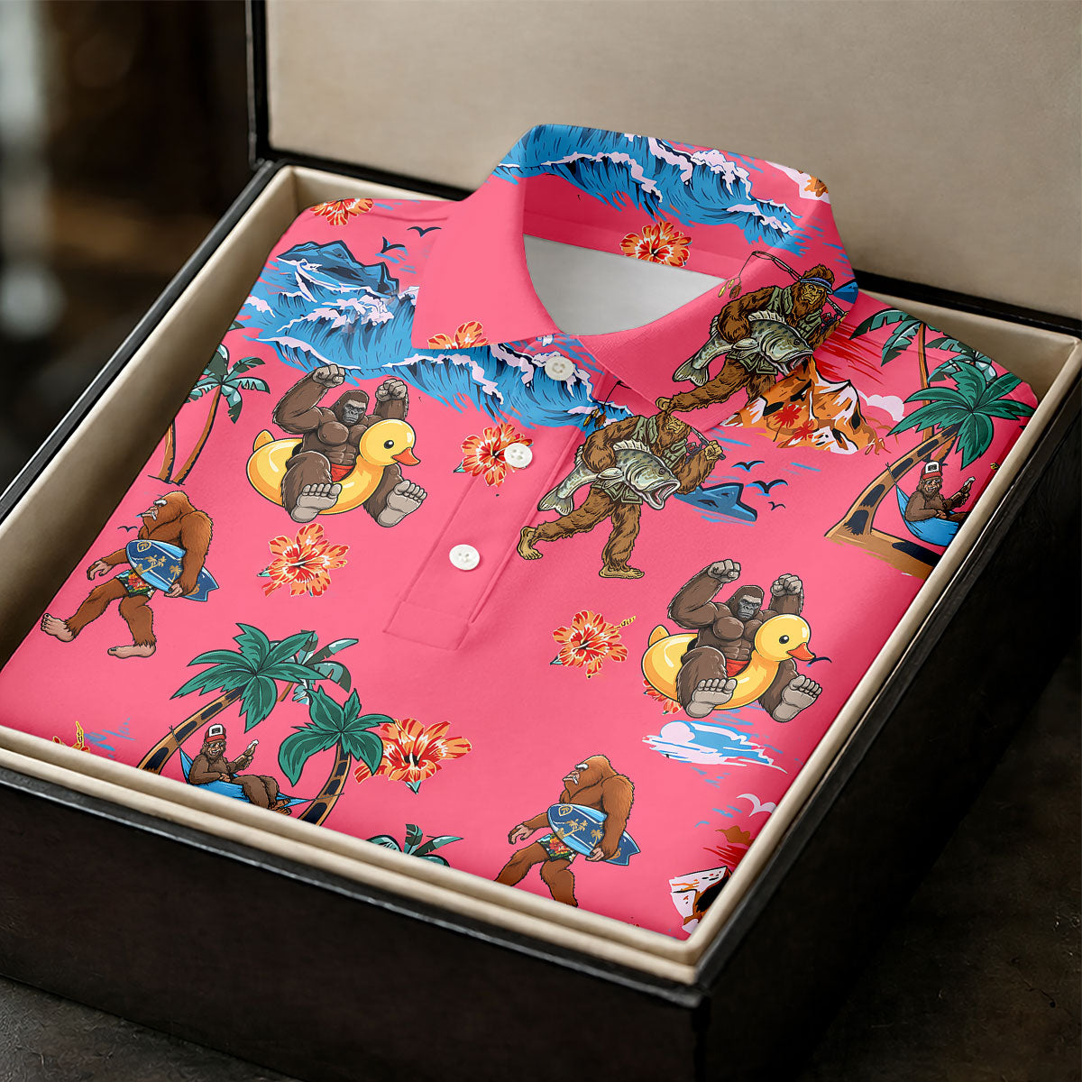 Pink Tropical Bigfoot Hawaiian Golf Polo Shirt, Men's Golf Shirt, Golf Polo Shirts For Men