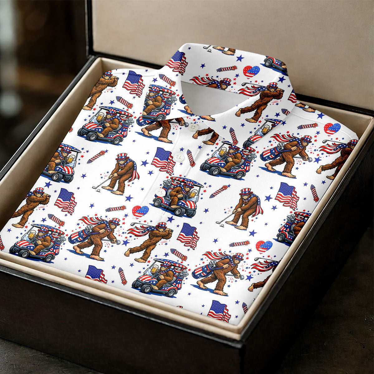 Funny Bigfoot 4th Of July With American Flag Pattern White Women Golf Top, 250th Anniversary Patriotic Golf Shirt