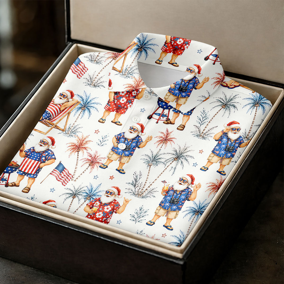 Patriotic Santa Tropical Christmas Polo Shirt, Mens Golf Polo, Hawaiian Golf Shirt