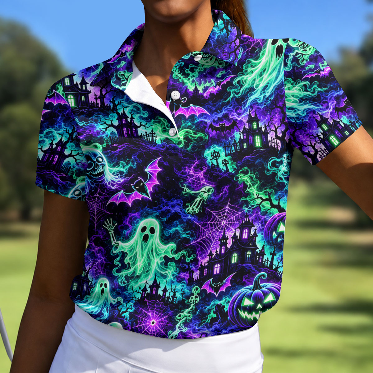 Neon Ghost Skeleton Halloween Horror Character Polo Shirt, Golf Shirt, Womens Golf Apparel