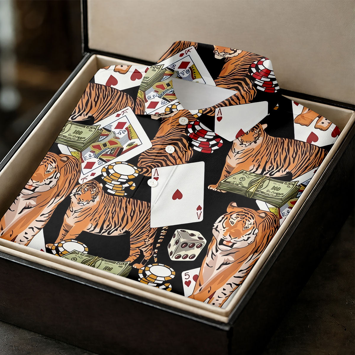 Money Tiger Poker Dice Chips And Cards Hawaiian Golf Shirt, Men's Funny Golf Shirts