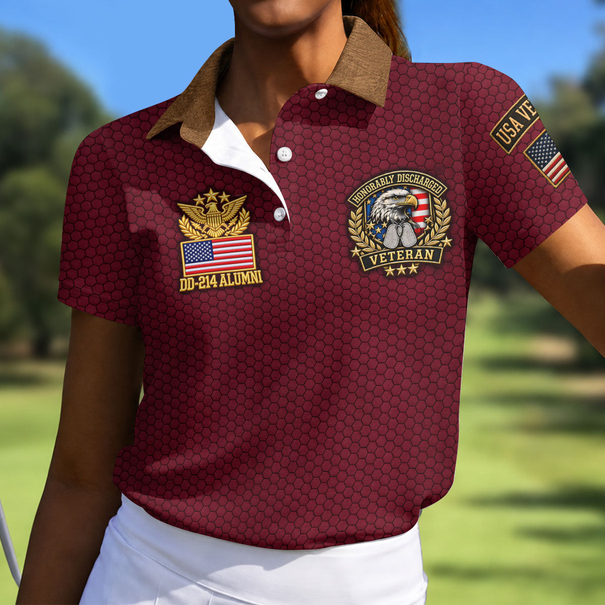 DD-214 Maroon Honeycomb Veteran Polo Shirt, Golf Shirts For Women, Veterans Day Shirt