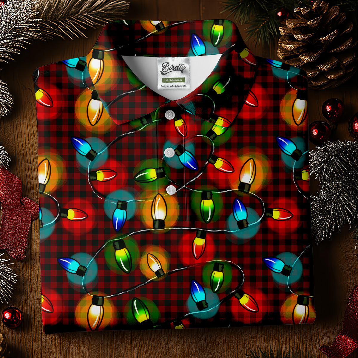 Colorful Christmas Light Plaid Women's Golf Tops, Christmas Golf Shirt, Golf Gift For Ladies