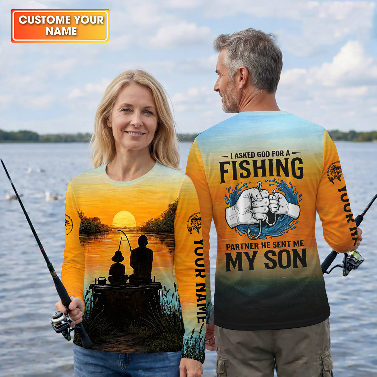 I Asked God For A Fishing Partner Father Son Fishing UPF Shirts, Dad Fishing Gift, Fishing Shirts For Men