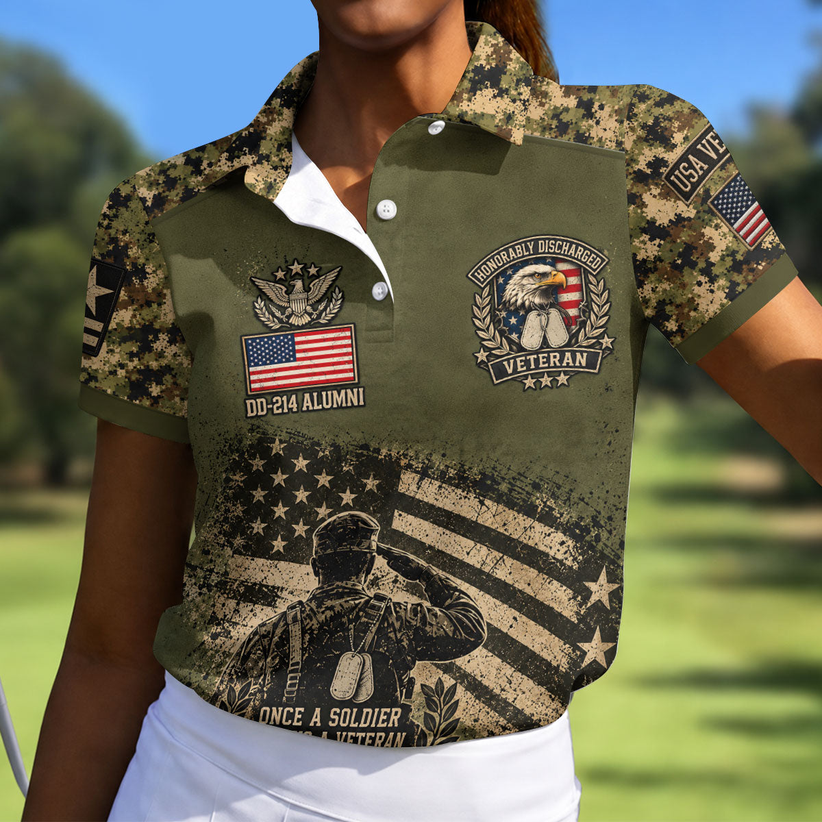 DD-214 Soldier Flag Camo Golf Polo Shirt, Women Golf Shirts, Veterans Day Golf Shirt