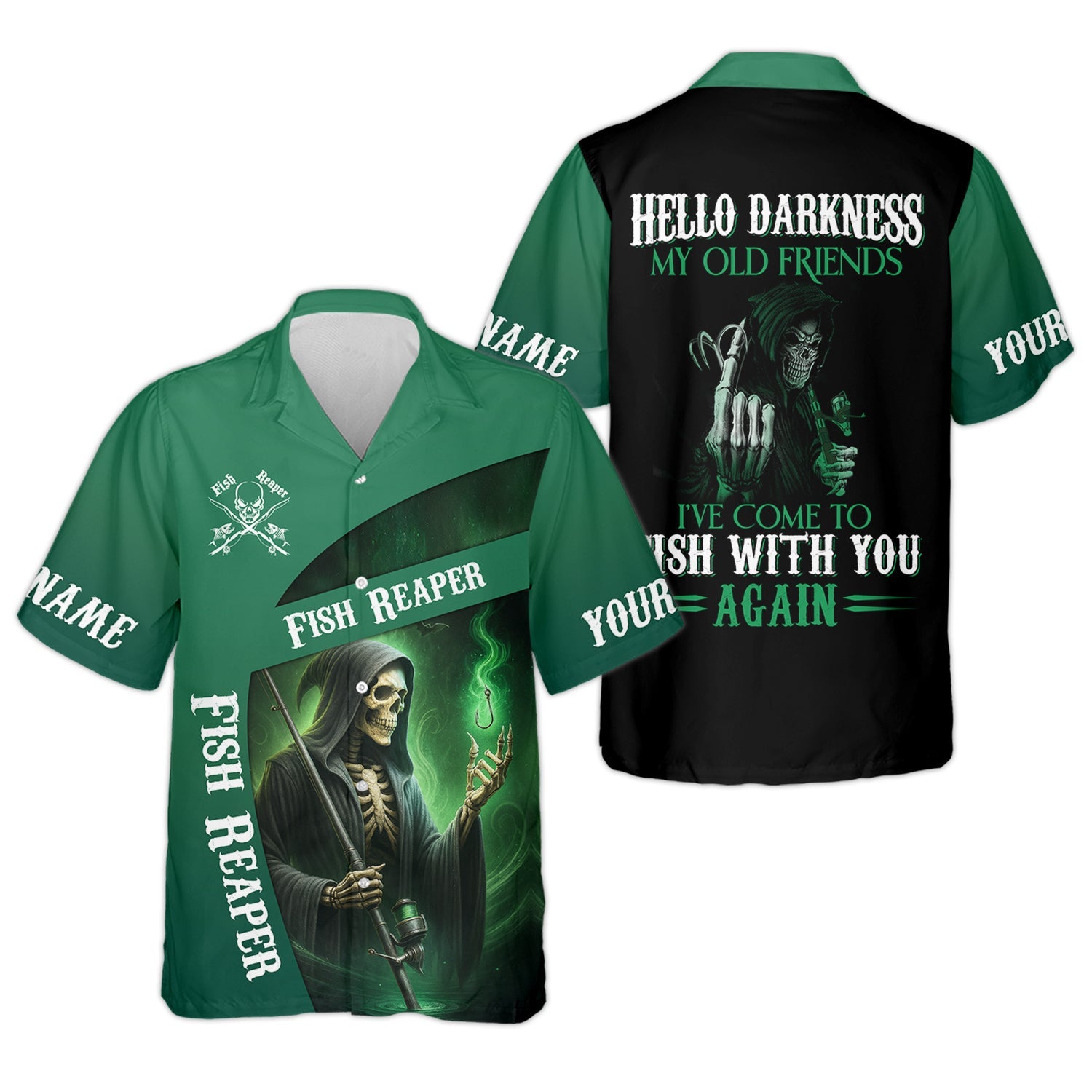 Fish Reaper Fishing UPF Shirts, Best Fishing Gifts, Custom Fishing Shirt, Hello Darkness My Old Friend