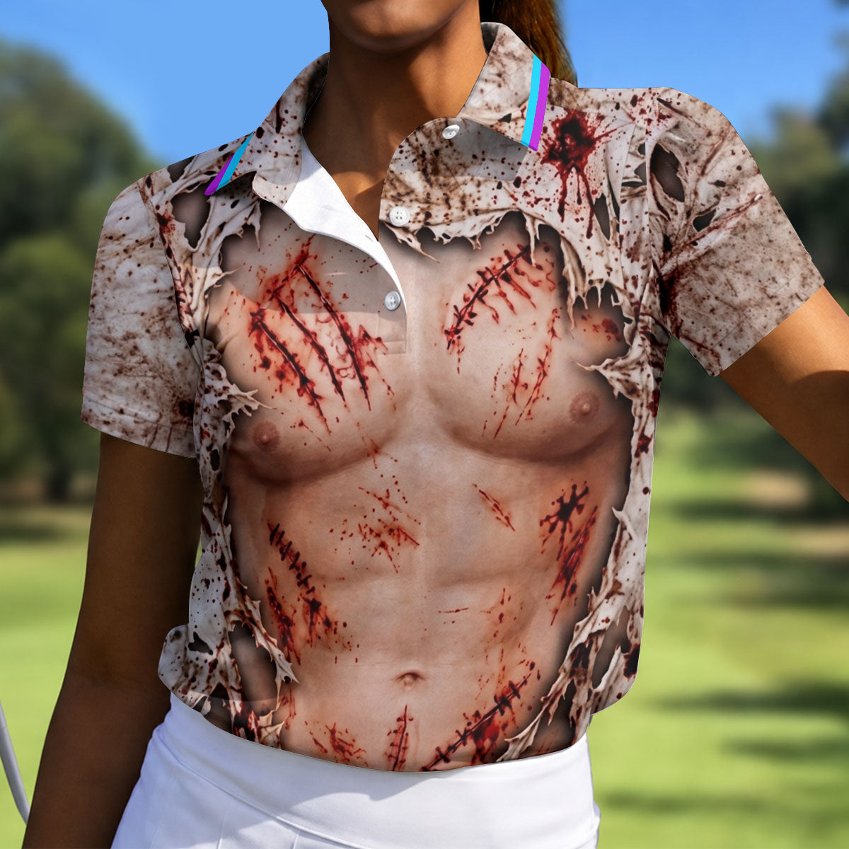 Bloody Stitched Torso Halloween Costume Polo Shirt, Womens Golf Tops, Halloween Golf Shirt