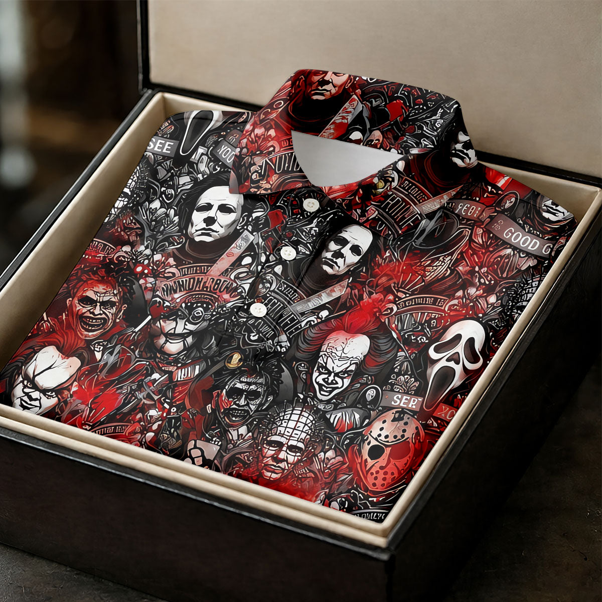 Red Horror Character Collage Halloween Golf Shirt, Women's Golf Polo, Printed Golf Shirt