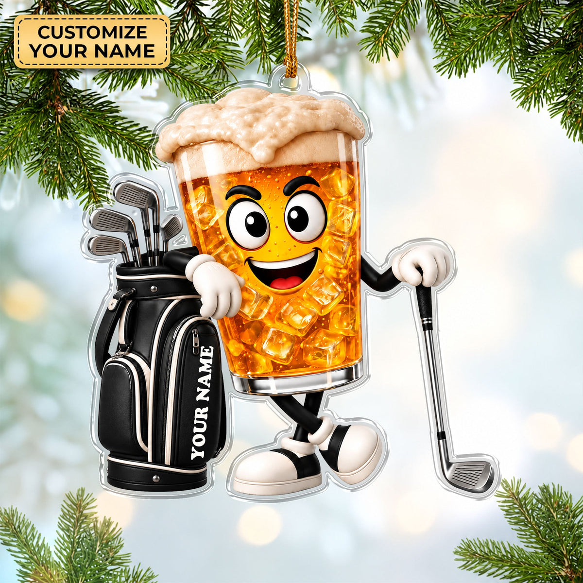 Custom Name Beer Glass Golf Acrylic Ornament, Golf Lover Gifts, Christmas Ornaments