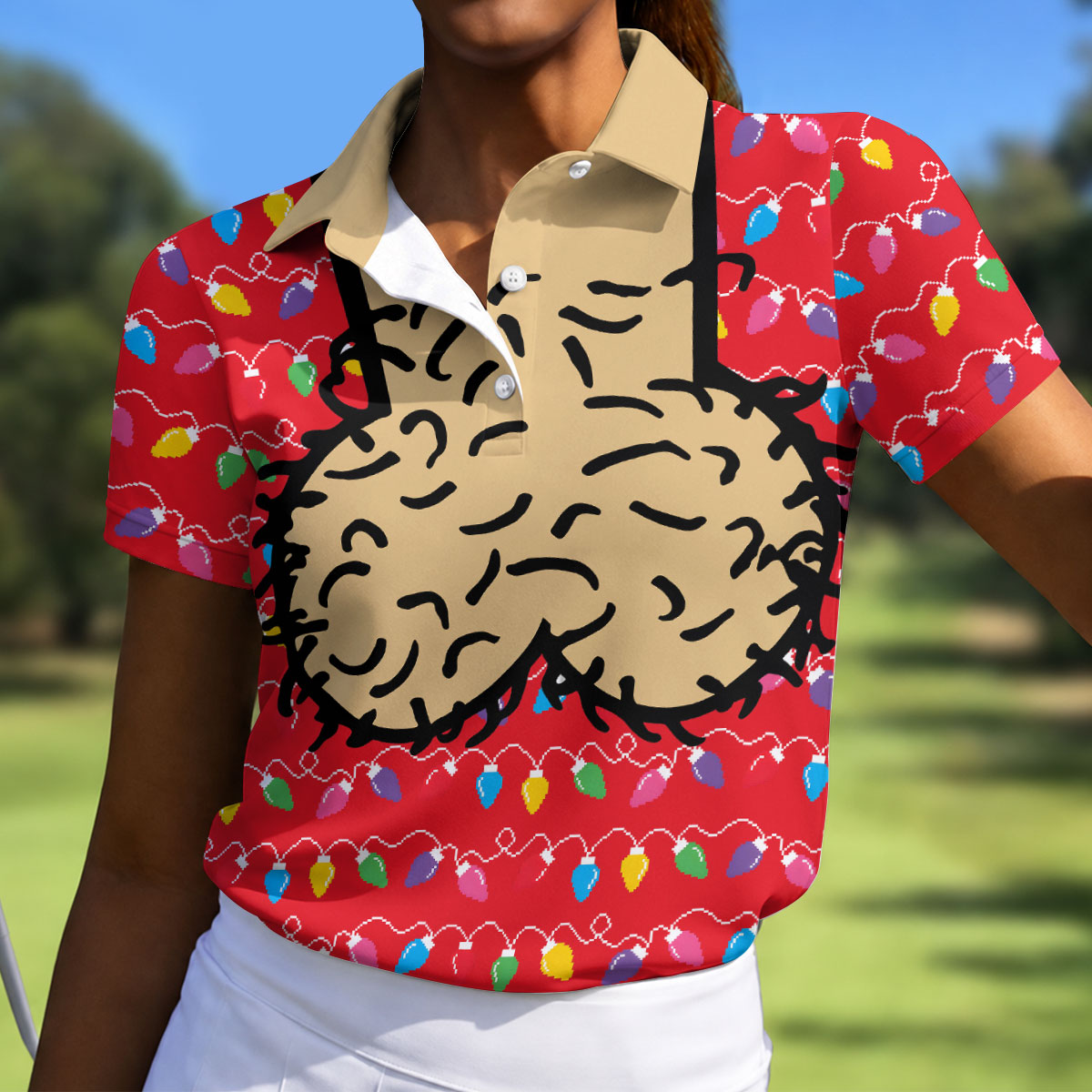 Cheeky Christmas Lights Golf Polo Shirt, Ladies Golf Shirts, Women’s Golf Apparel
