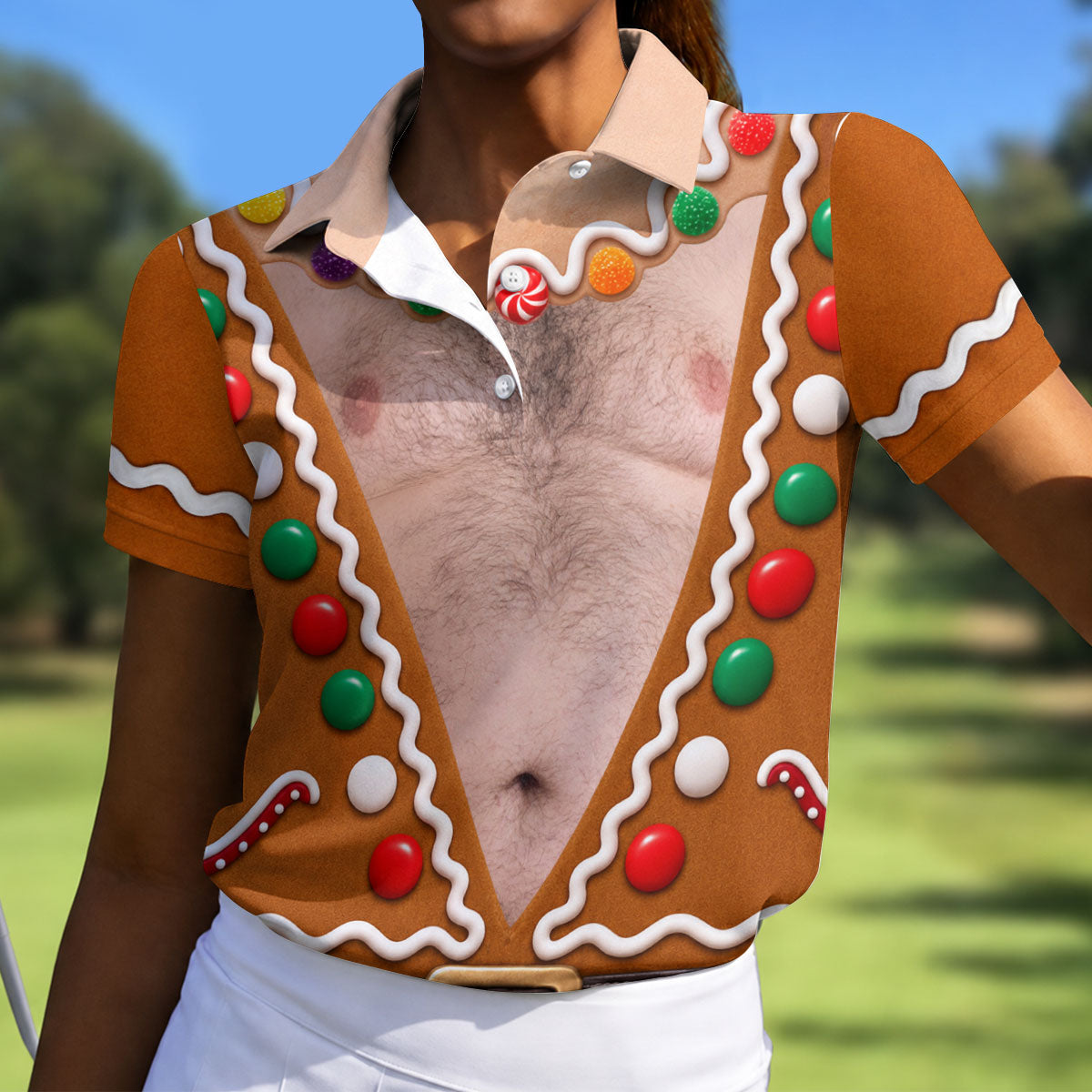 Funny Christmas Gingerbread Costume Polo Shirt, Ladies Golf Top, Women’s Golf Apparel