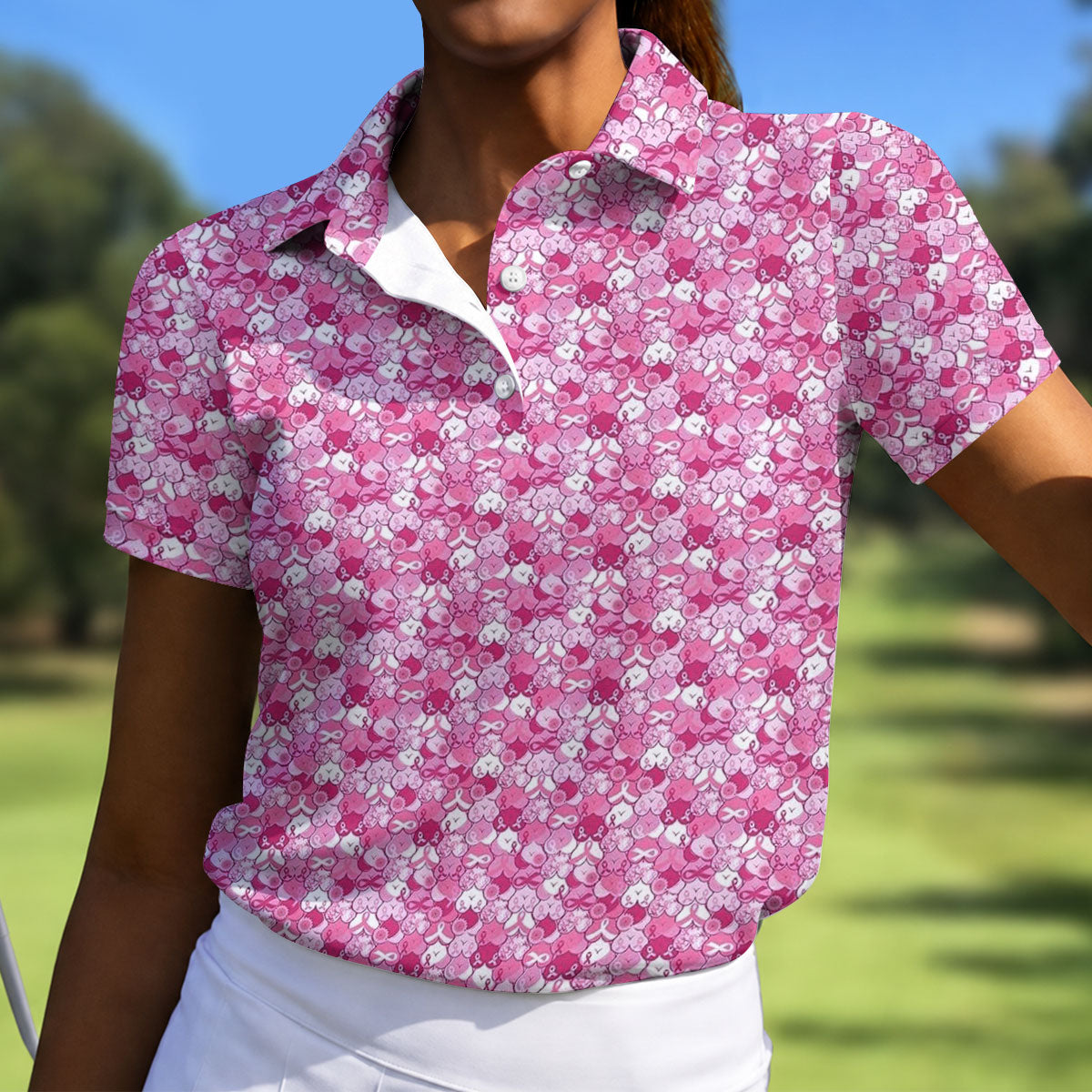 Pink Breast Cancer Hearts And Ribbons Polo Shirt, Golf Tops For Women, Women’s Golf Polo