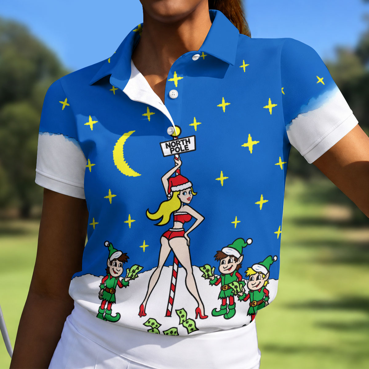 Funny North Pole Christmas Pin Up Polo Shirt, Women’s Golf Polo, Golf Tops For Women