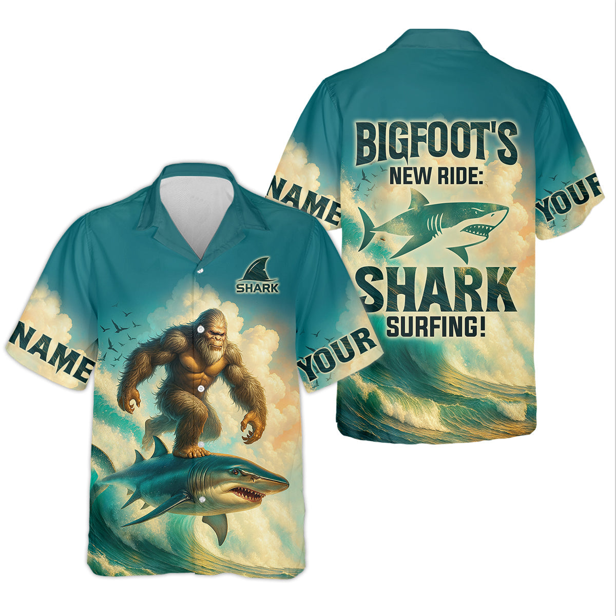 Bigfoot's New Ride Shark Surfing Fishing UPF Shirts, Funny Fishing Shirt, Presents For Fishermen