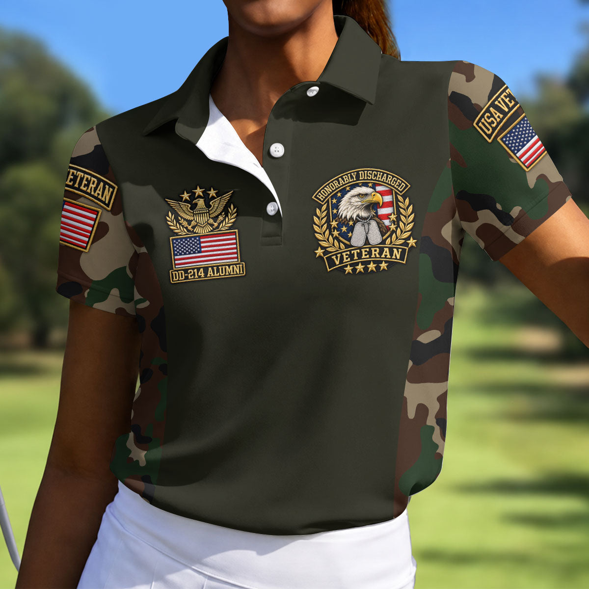 DD-214 Eagle Badge Olive Camo Polo Shirt, Women Golf Tops, Veterans Day Golf Shirt