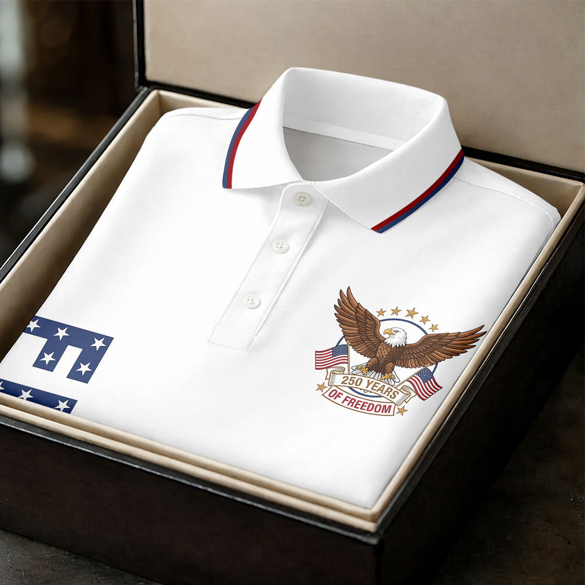 250 Years Of Freedom US Flag Logo White Golf Shirt, Patriotic 4th Of July Golf Shirts For Men