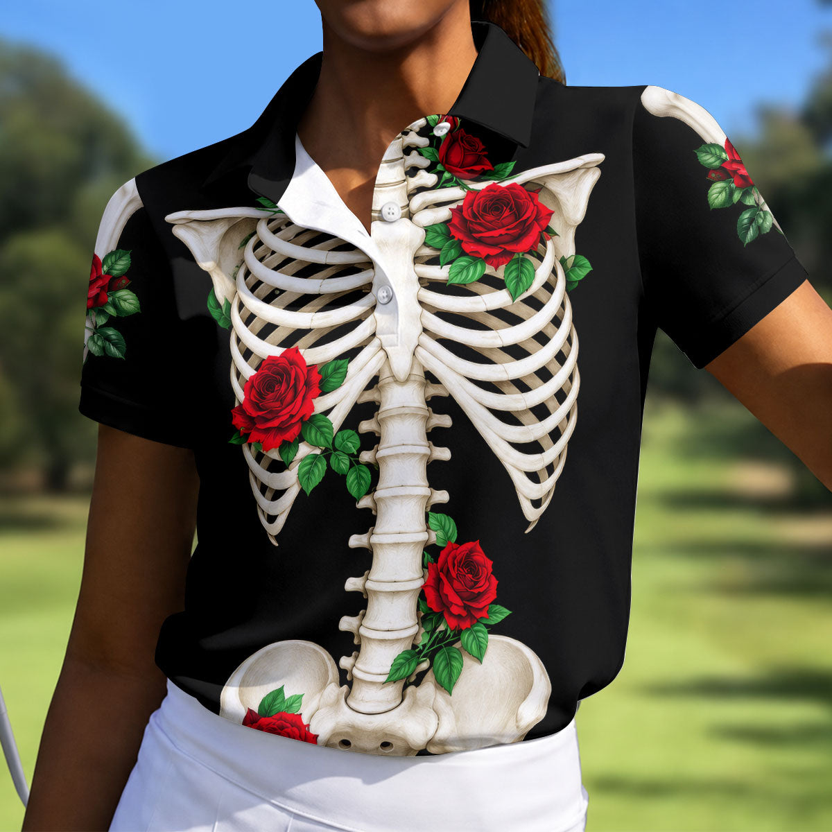 Skeleton Rib Cage And Red Roses Halloween Polo Shirt, Golf Tops For Women, Women’s Golf Polo