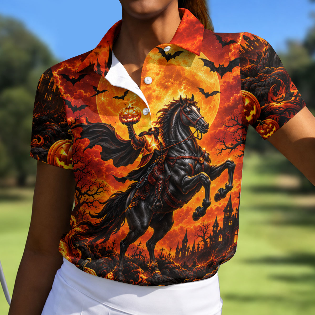 Fire Moon Rider Halloween Horror Character Polo Shirt, Golf Polo, Golf Shirts For Women