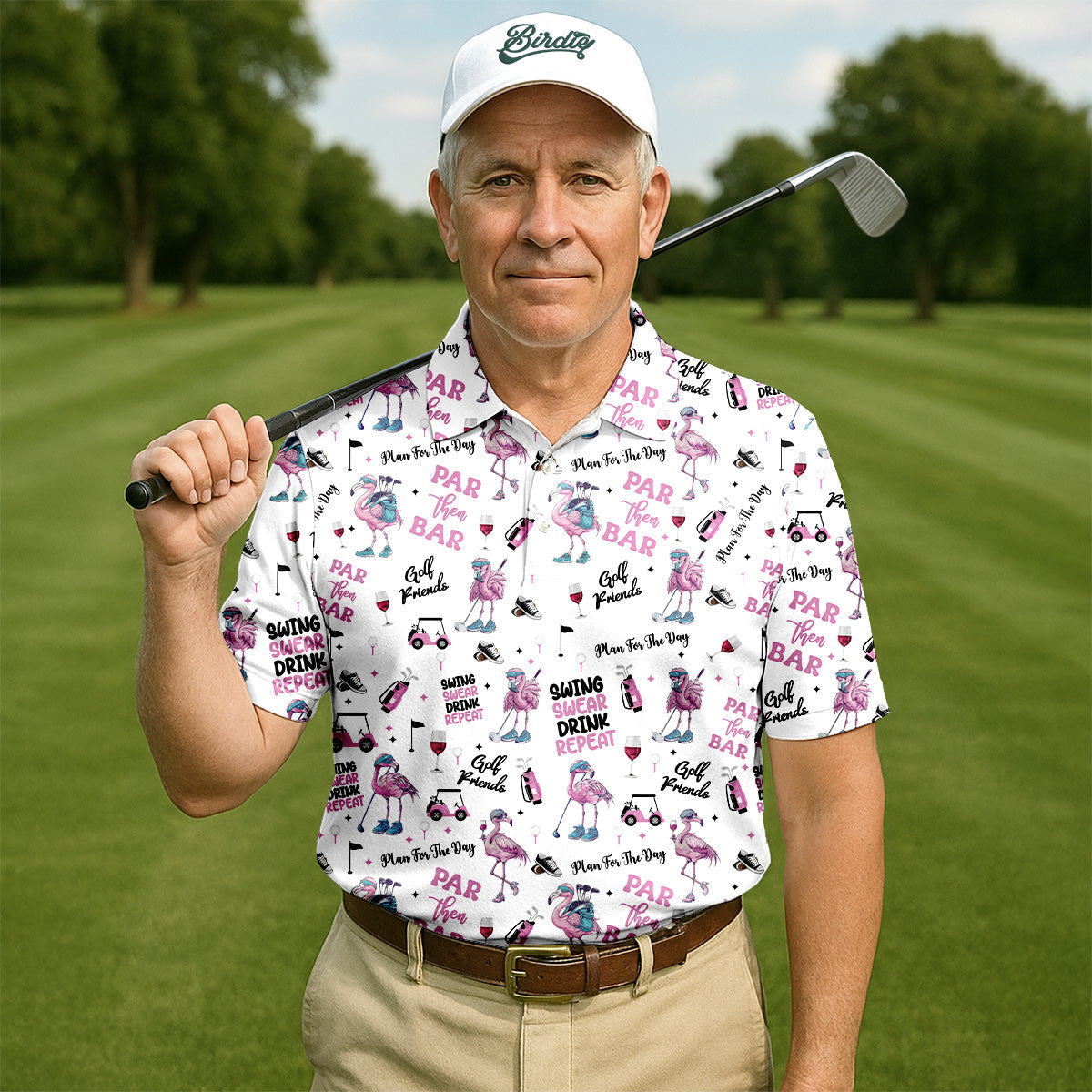 Par Then Bar Flamingo Funny Men Polo ShirtFun Golf Polos For Men, Golf Shirts, Dad Golf Gift
