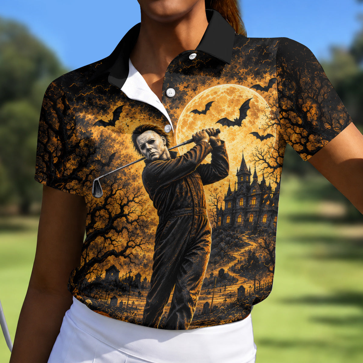 Bogeyman Horror Character Halloween Golf Polo Shirt, Ladies Golf Shirt, Womens Golf Tops