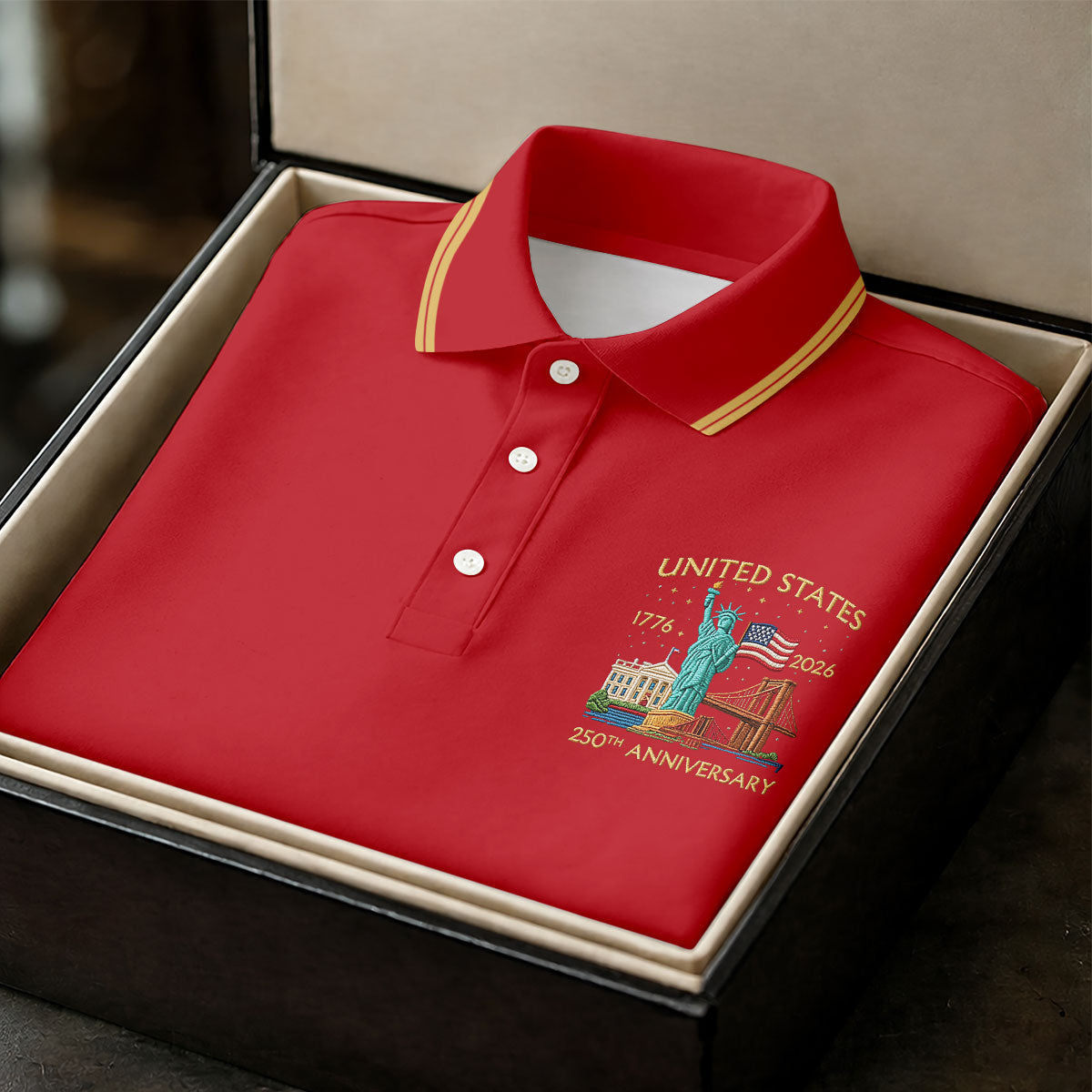 American Symbols Red Patriotic Golf Shirt, US 250 Years 4th Of July Golf Shirts For Men