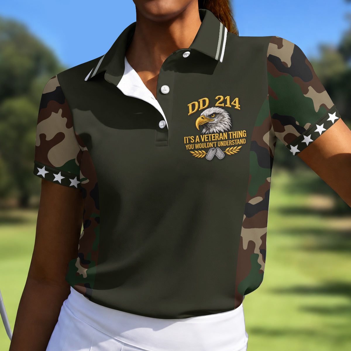 DD-214 Eagle Olive Green Camo Polo Shirt, Womens Golf Shirts, Veterans Day Golf Shirt