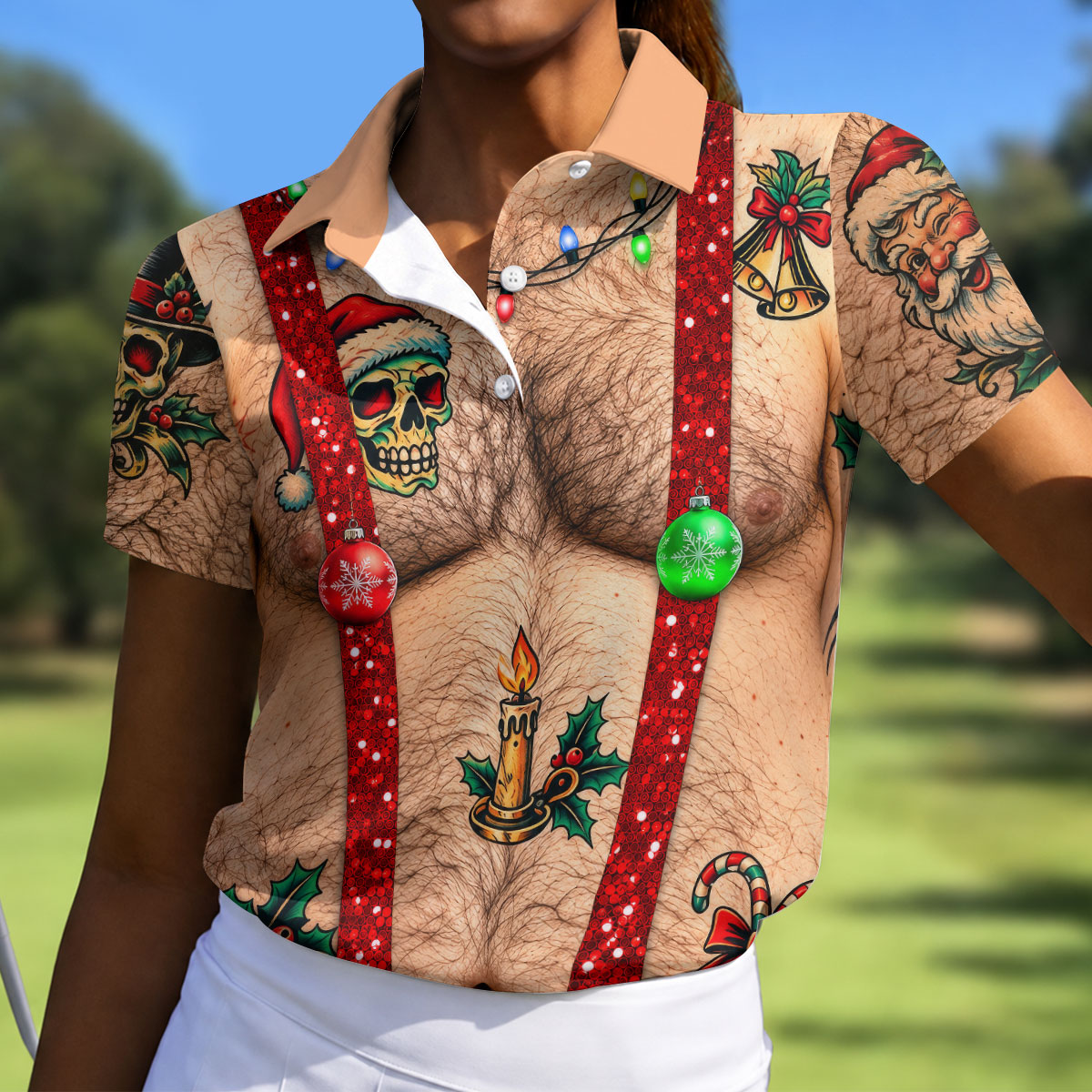 Santa Skull Hairy Chest Christmas Golf Shirt, Womens Golf Tops, Ladies Golf Shirts