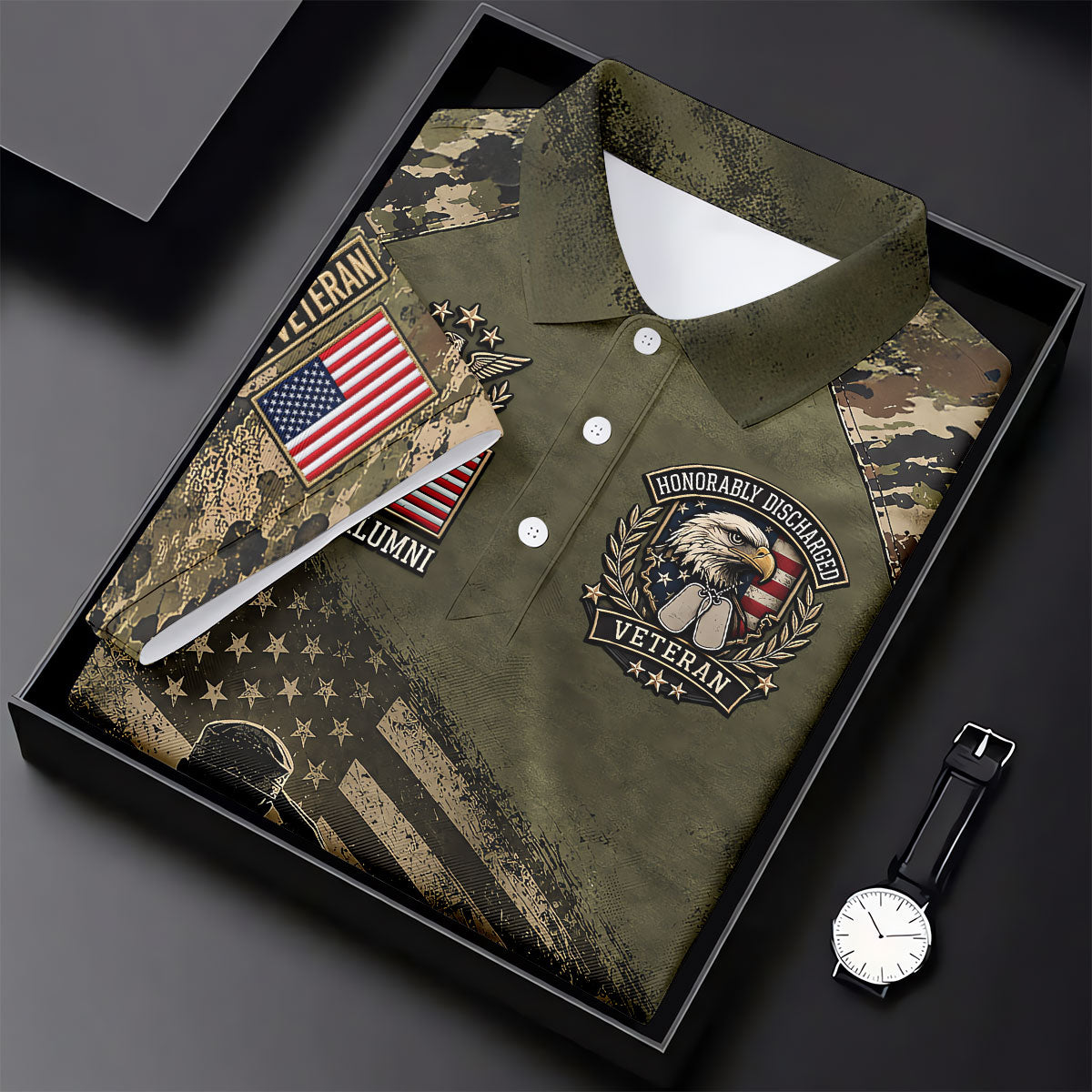 DD-214 Honorably Discharged Camo Polo Shirt, Veterans Day Shirt, Mens Golf Shirts