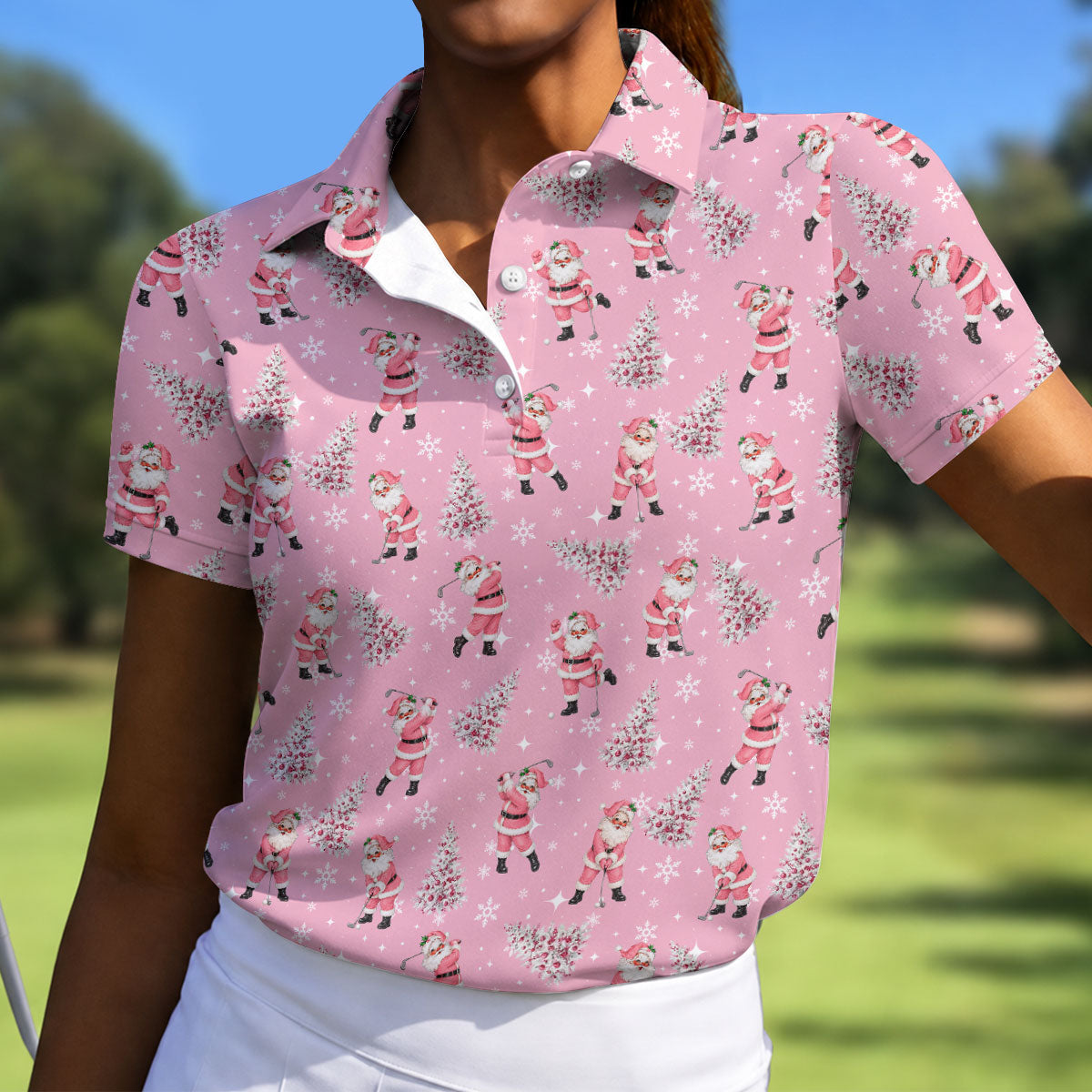 Funny Pink Santa Golfer Christmas Golf Shirt, Golf Shirts For Women, Women's Golf Tops