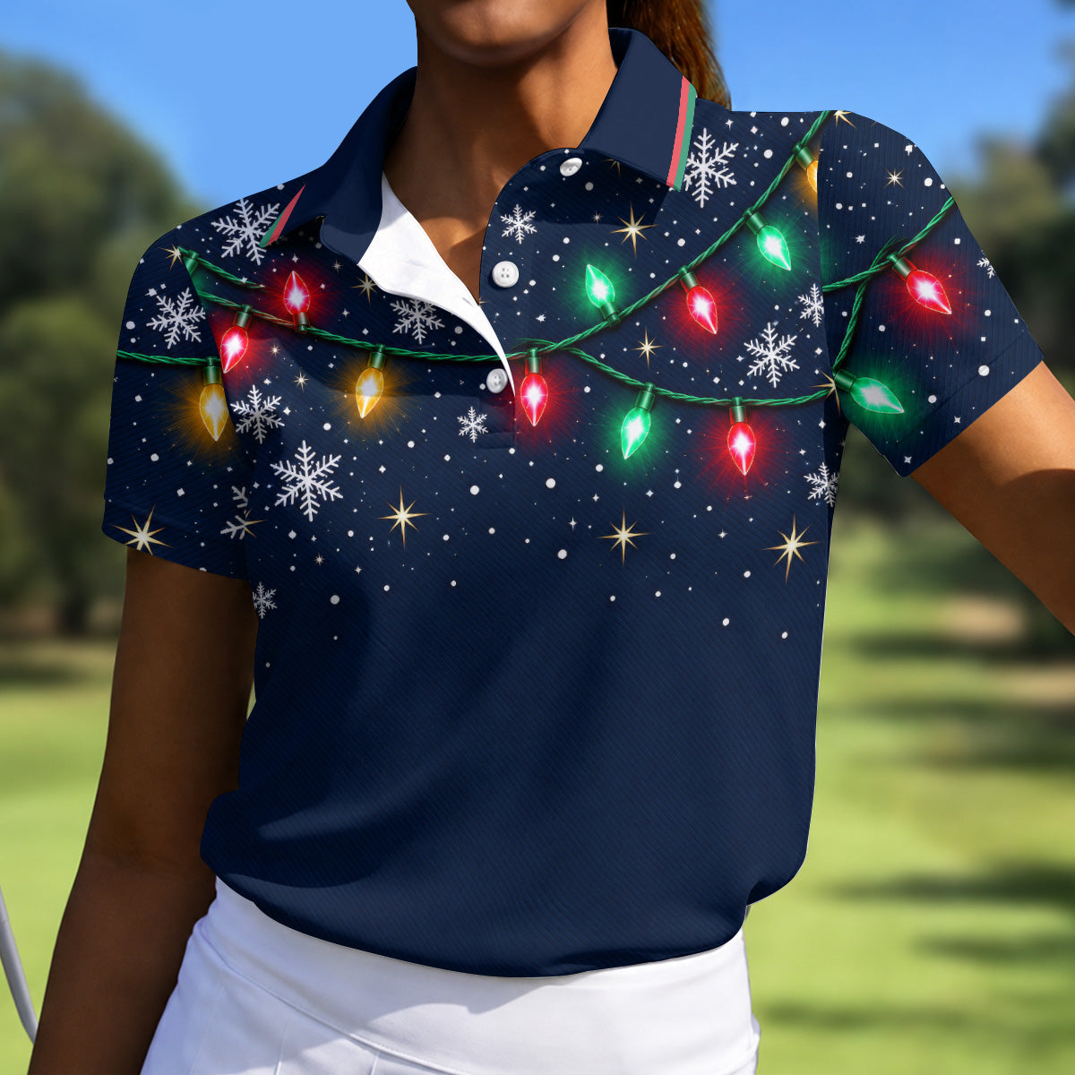 String Lights Snowflake Christmas Golf Shirt, Ladies Golf Shirts, Golf Tops For Women