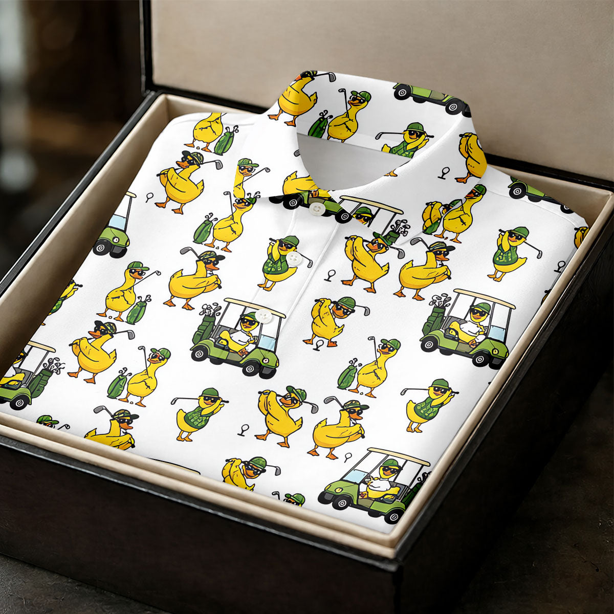Funny Duck And Golf Cart Pattern Polo Shirt, Womens Golf Polo, Golf Apparel For Women