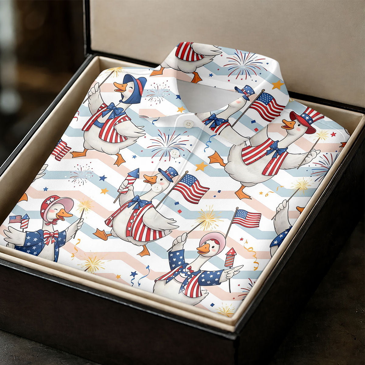 Patriotic Duck USA Flag Fireworks Polo Shirt, Womens Golf Polo, Golf Shirts For Women