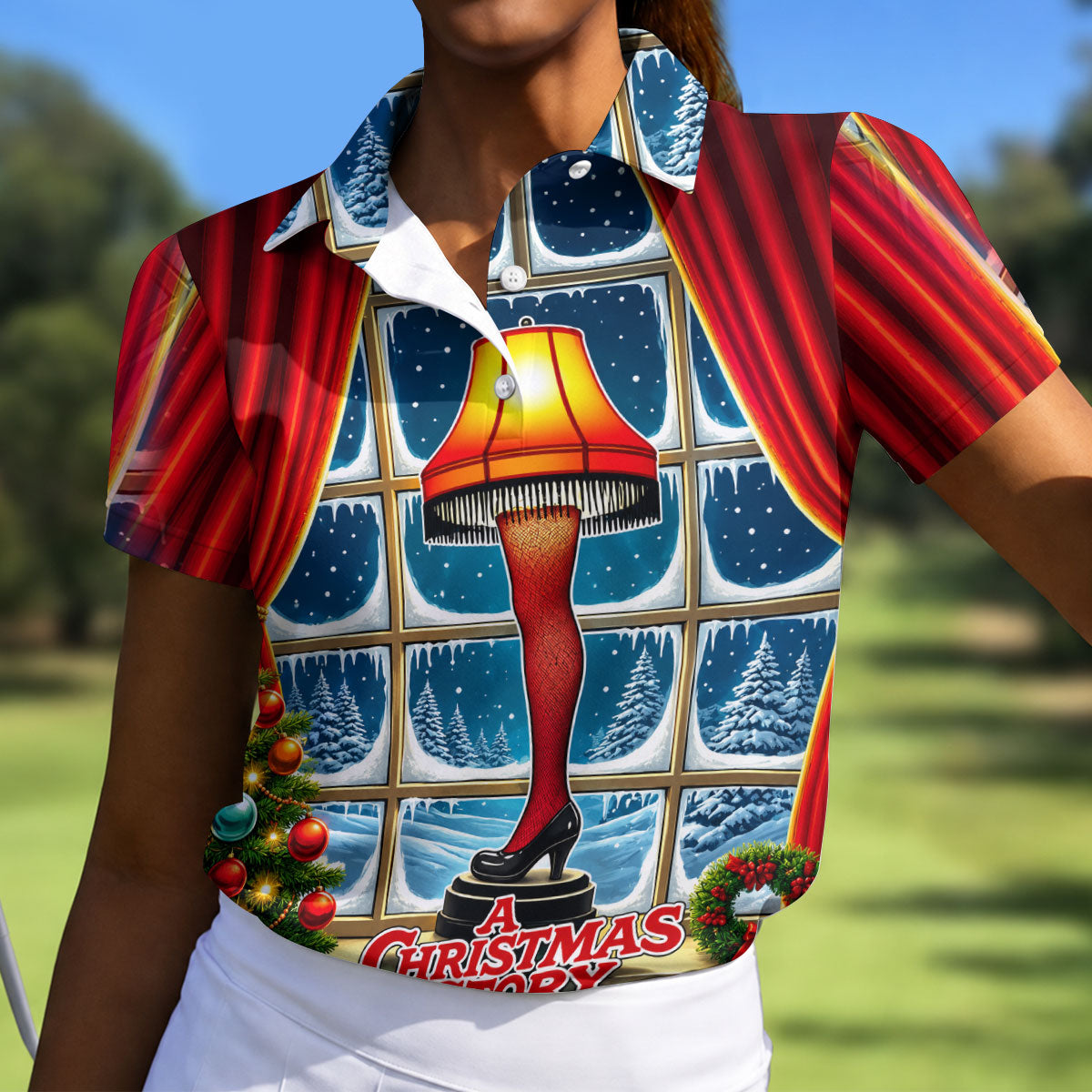 Funny Christmas Leg Lamp Window Golf Polo Shirt, Women’s Golf Polo, Golf Tops For Women