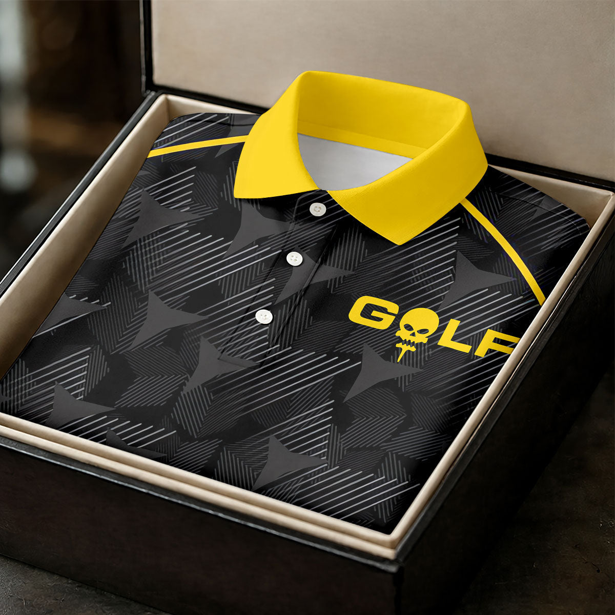 Abstract Triangle Black Yellow Golf Tops For Men, Father's Day Golf Gift, Polo Shirts For Men