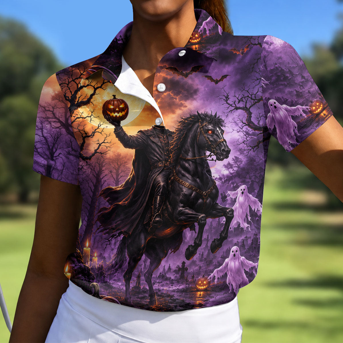 Halloween Headless Rider Horror Character Polo Shirt, Ladies Golf Shirts, Womens Golf Tops